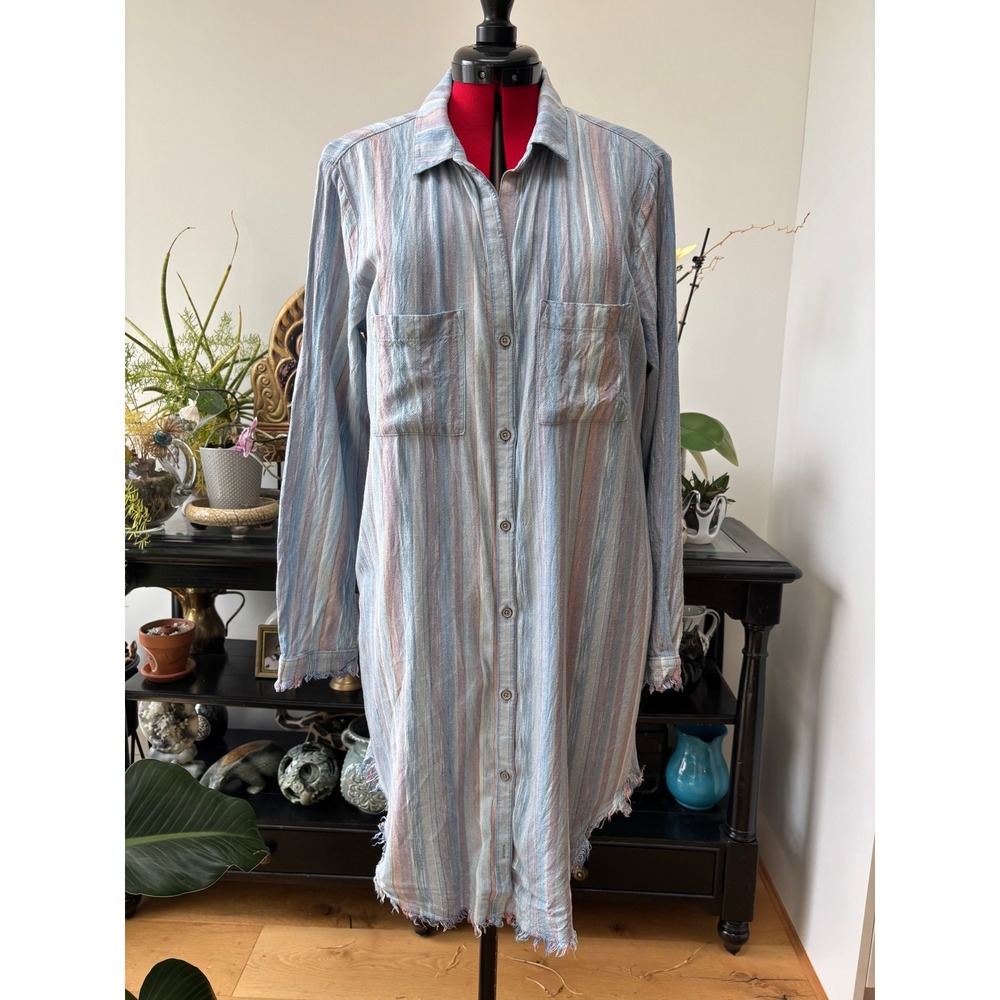 Anthropologie CLOTH & STONE shirt dress size M striped linen blend raw hem tunic